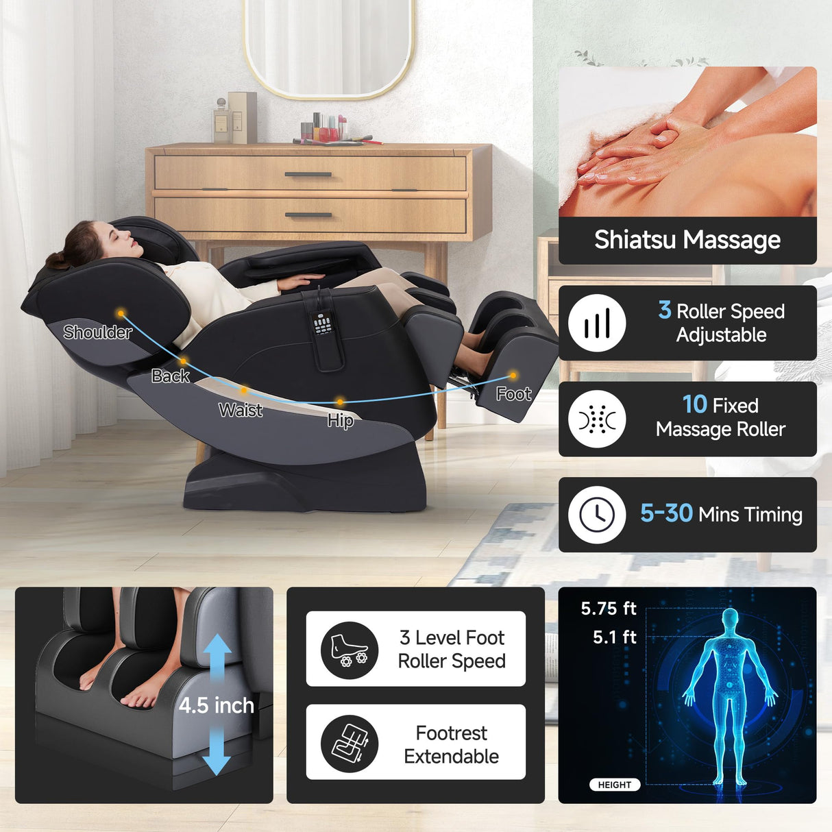 SMAGREHO 2025 Zero Gravity Massage Chair Full Body, with 6 Auto Modes, Foot Massage, Waist Heating, Bluetooth, Black SMAGREHO