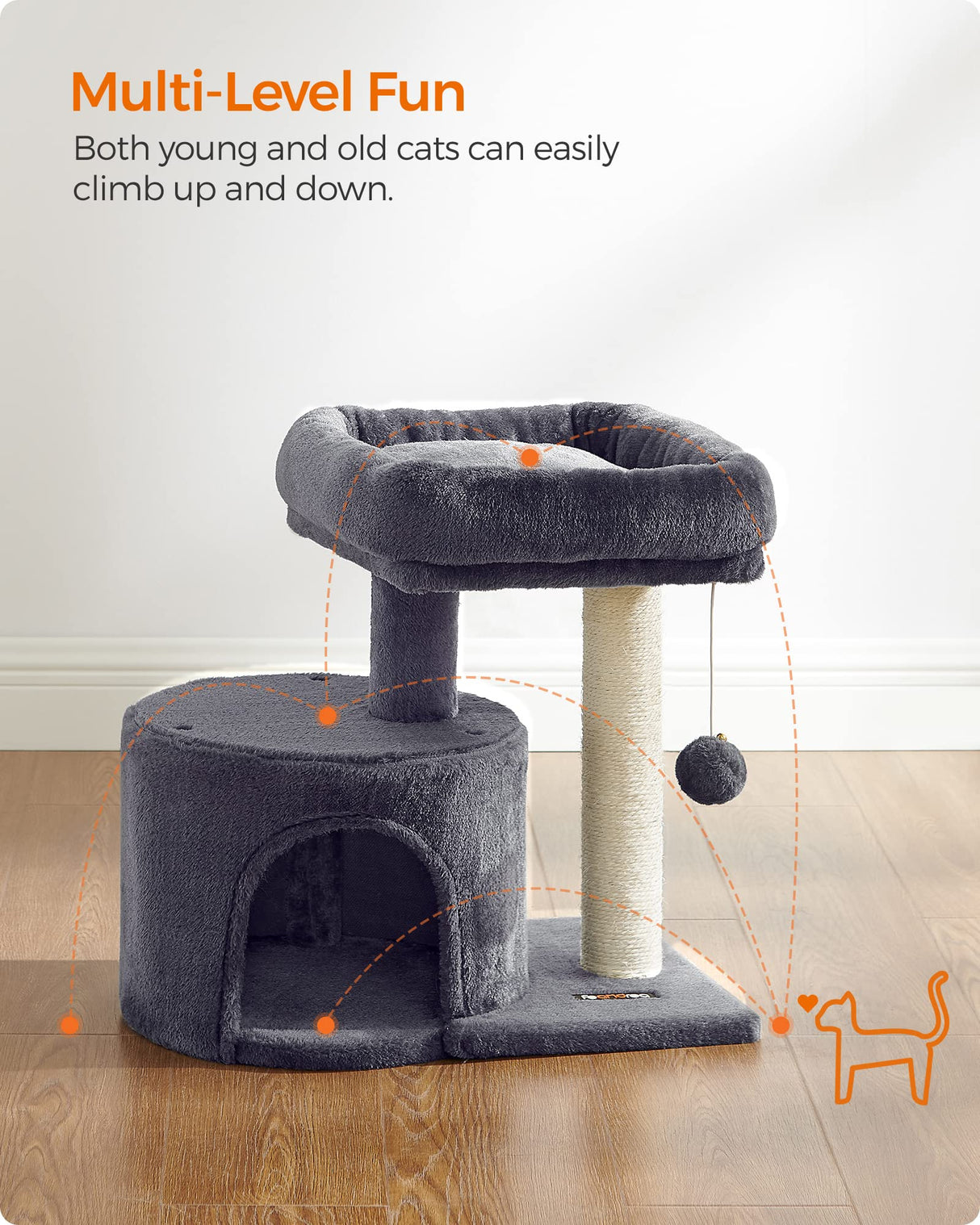Feandrea Cat Tree, Cat Tower with Sisal-Covered Scratching Post, Cat Condo with Padded Perch, for Small Spaces, Kittens, Smoky Gray UPCT50G Feandrea