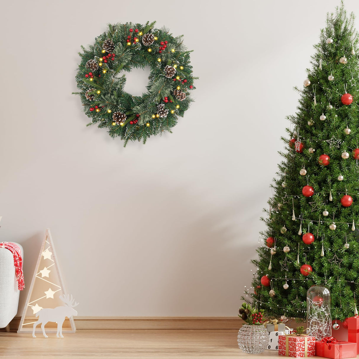 Christmas Wreath Snowy Pre-lit 24 inch with 50 Light & Pine Cone, Artificial Christmas Wreaths for Front Door with Lights, Wreath for Christmas Decoration Door Windows Wall Green HomeKaren