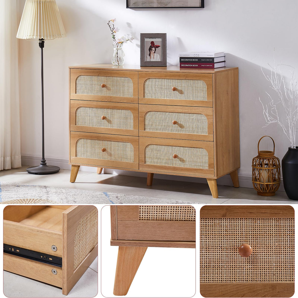 GANLLY Rattan 6 Drawer Dresser for Bedroom, Natural Wood Dresser with Deep Drawers, Wooden Chest of Drawers for Closet with Wide Top, for Living Room, Hallway, Kids Room,Natural GANLLY