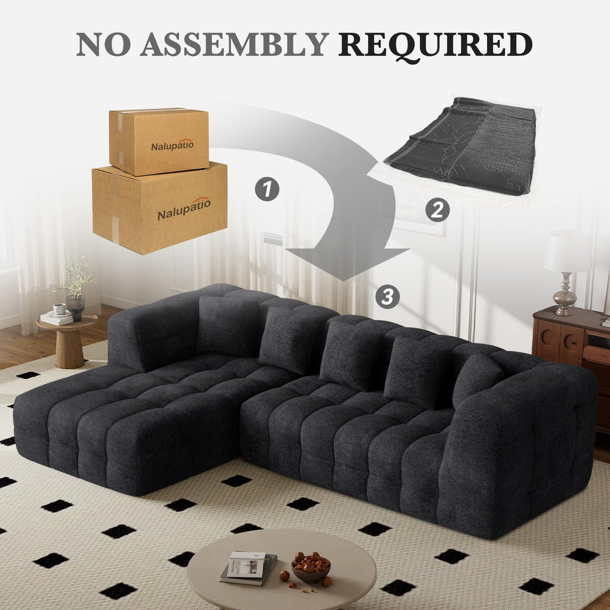 Nalupatio 107" Modern Boneless Couch Cloud Modular Sectional Sofa with L Shaped Chaise, Upholstered Comfy Chenille Couch Bed in a Box,No Assembly Required Nalupatio