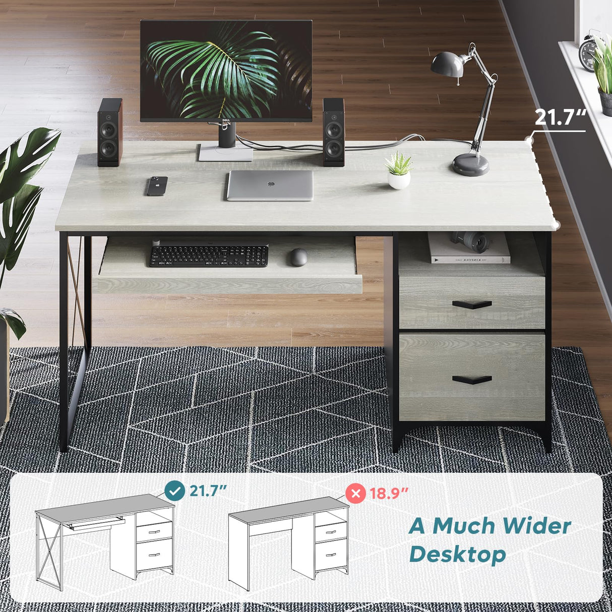 Bestier Office Desk with Drawers, 55 inch Industrial Computer Desk with Storage, Wood Teacher Desk with Keyboard Tray & File Drawer for Home Office, Wash White Bestier