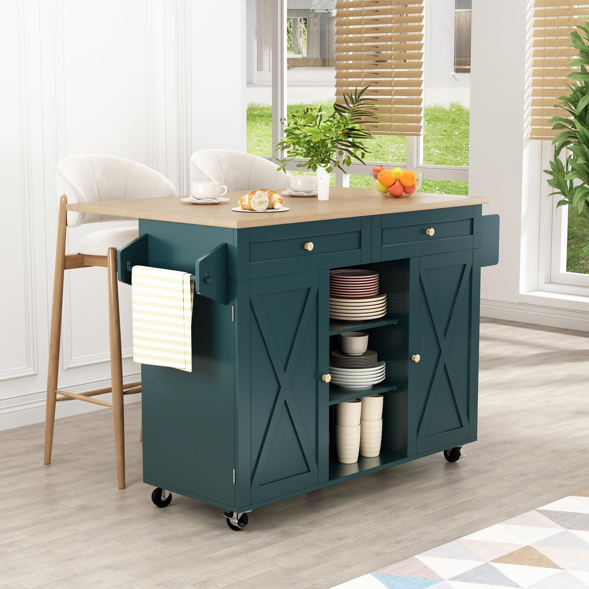 HLR Kitchen Island On Wheels, Rolling Kitchen Island Cart with Drop Leaf Countertop, Barn Door Kitchen Island Table with Storage Cabinet and Tower Rack, Island Table for Kitchen (Dark Teal) HLR