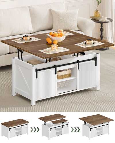 CHOEZON Coffee Table Lift Top, 4 in 1 Convertible Coffee Table, Farmhouse Coffee Tables, with Hidden Compartments, with Sliding Doors, for Living Room, Apartment, White and Walnut MKF01WL
