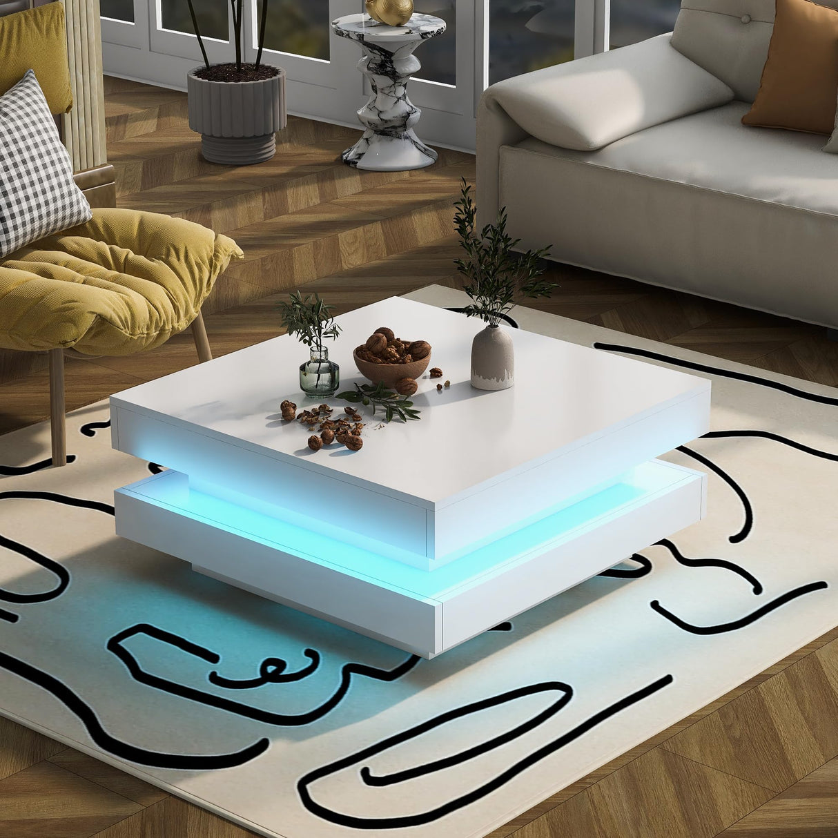 LUMISOL LED Coffee Table for Living Room, High Gloss Coffee Table, 2-Tier Square Center Table with LED Lights, 31.5''x31.5''x14.2'', White LUMISOL