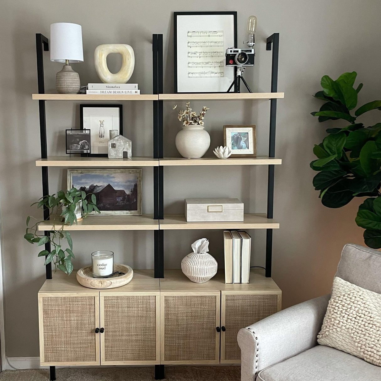 Nathan James Theo Ladder 3 tier Open Bookshelf with Rattan Drawers and Matte Steel Frame, Light Oak/Black Nathan James