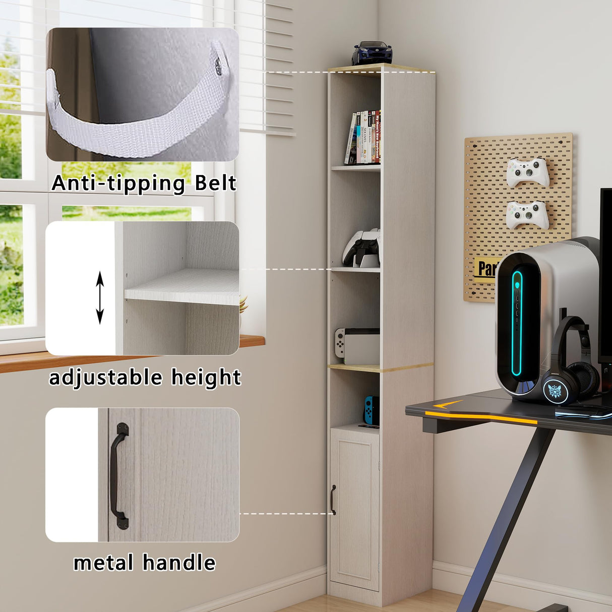 RASOO 72" Tall Narrow Bookcase Slim Storage Cabinet Freestanding Cabinet, 6-Tier Cube Display Rack CD DVD Slim Media Open Shelves Tower Rack, Narrow Bookshelf Display with Door and Adjustable Shelf RASOO