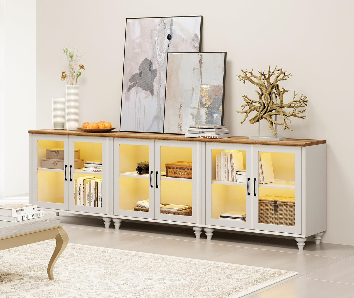 WAMPAT Modern TV Stand for 100 Inch TV, Wood TV Cabinet Entertainment Center for 95/90/85 Inch TV, Large Kitchen Buffet Cabinet with 6 Glass Door for Dining Room & Living Room, White WAMPAT