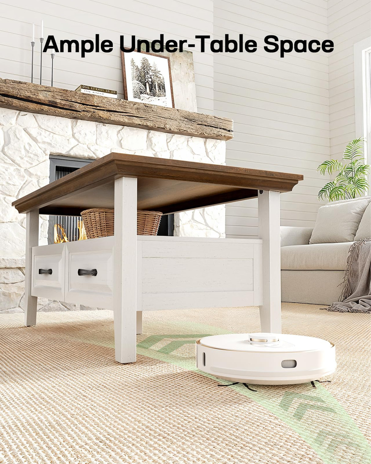 Marsail Farmhouse Coffee Table with Storage, 39.4" Wood Coffee Table for Living Room, Rustic Center Table with 2 Drawers, Open Display Area, Brown&White Marsail