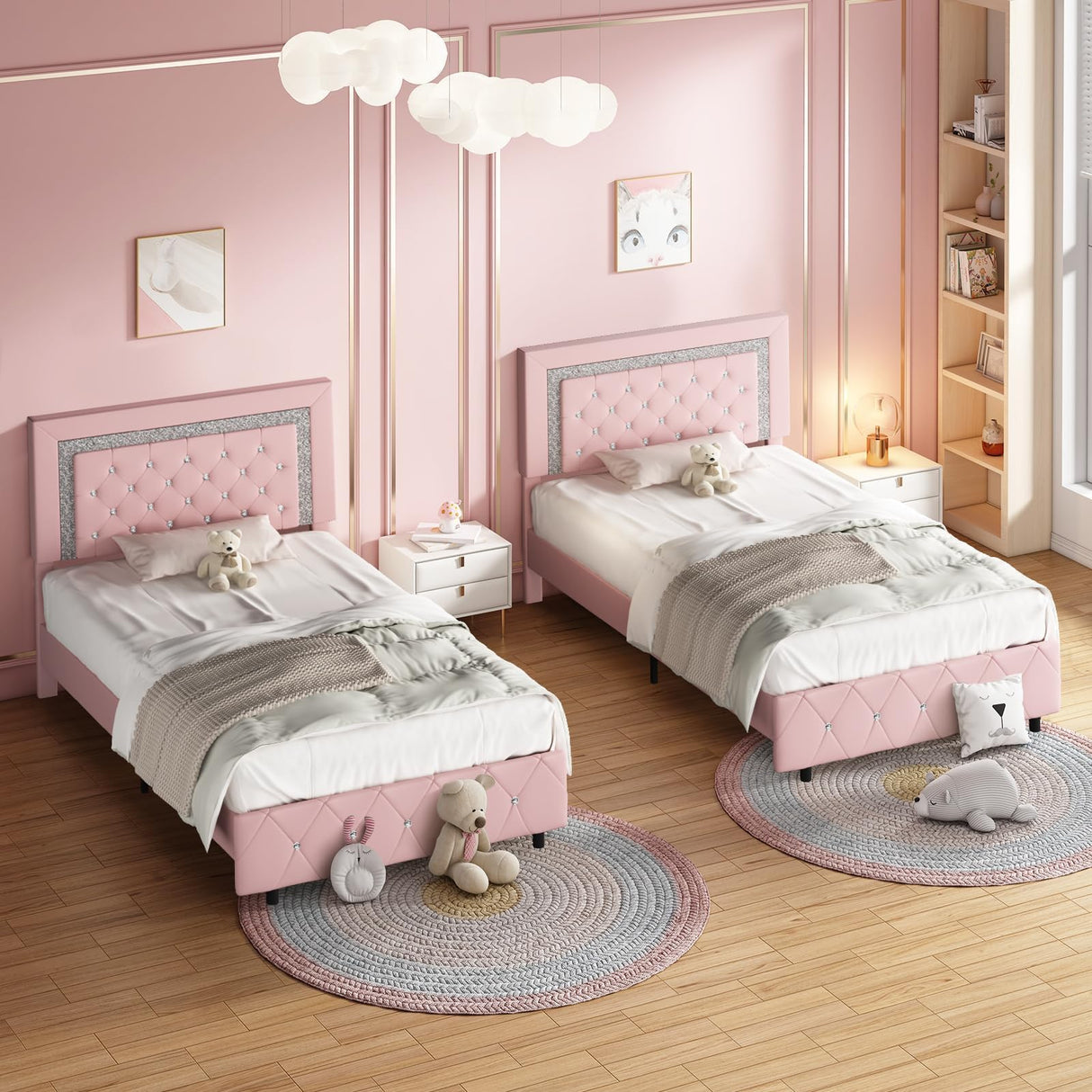 HOMBCK Twin Bed Frame, Pink Upholstered Bed Frame Twin Size with Diamond Tufted Headboard, Girls Twin Bed Frame with Faux Leather Headboard & Footboard, Wooden Slats Support, No Box Spring Needed HOMBCK