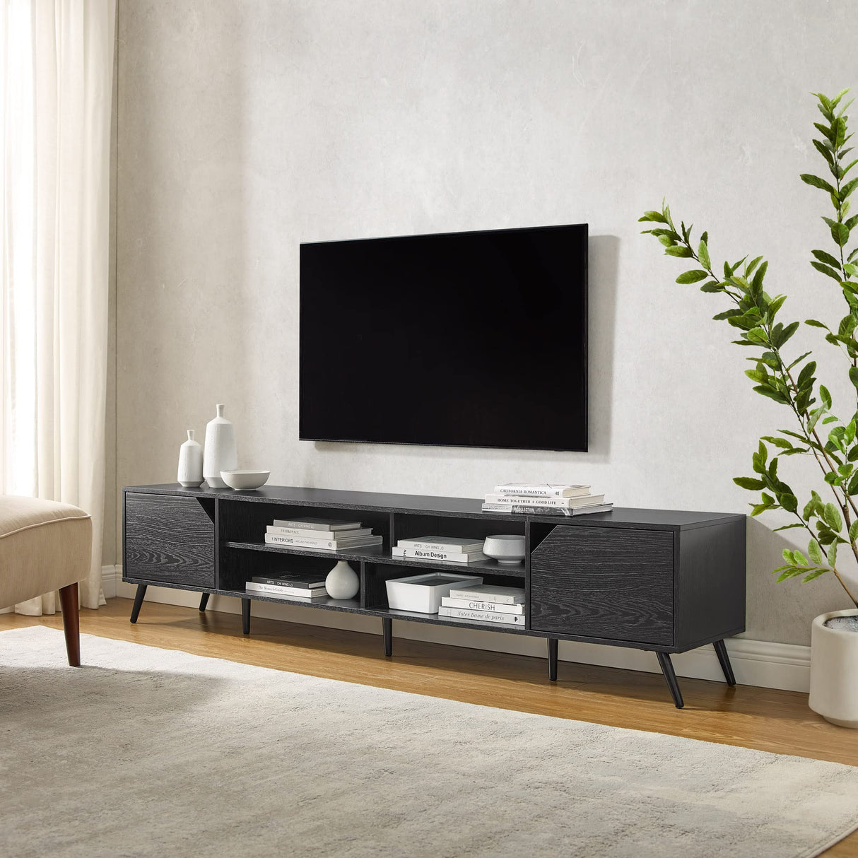 Walker Edison Nora Modern Minimal Open-Shelf TV Stand for TVs up to 90 Inches, 80 Inch, Black Walker Edison