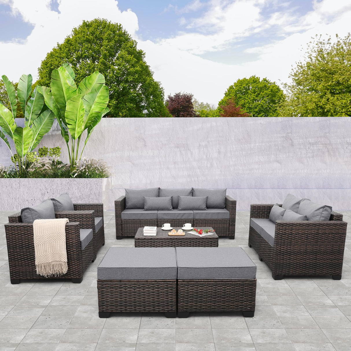 Valita 7 Pieces Patio Furniture Set,9-Seats Outdoor Wicker Sectional Sofa Brown Rattan Modular Patio Conversation Chair Set with Storage Table,Washable Cushions(Grey) Valita
