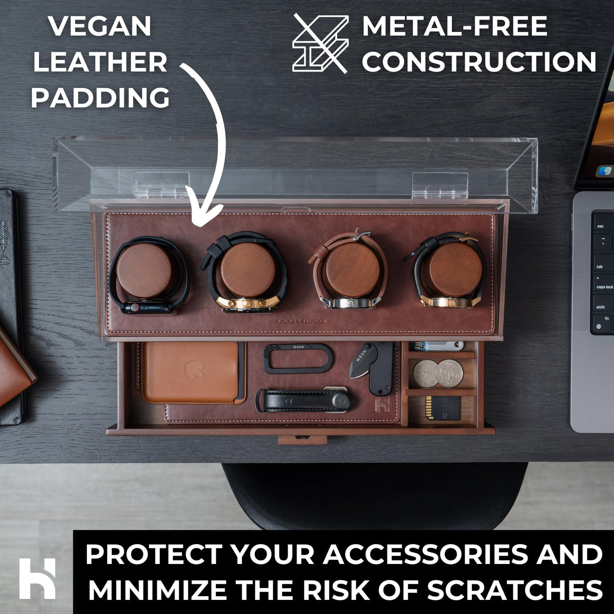 Holme & Hadfield Premium 4-Slot Wooden Watch Display Case – Handcrafted Men’s Watch Box with Accessory Drawer, Hinged Cover, Leather Lining – Father's Day Gift for Collectors – Luxury Built to Last Holme & Hadfield