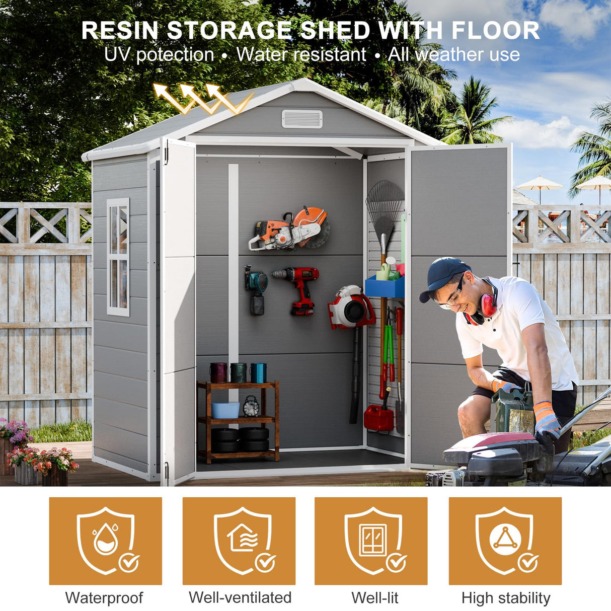 Outdoor Resin Storage Shed 6x3 FT Waterproof Sheds Kit with Floor Window Lockable Door Included, Outside Plastic Sheds for Backyard Garden Patio Lawn Tools WELYAS