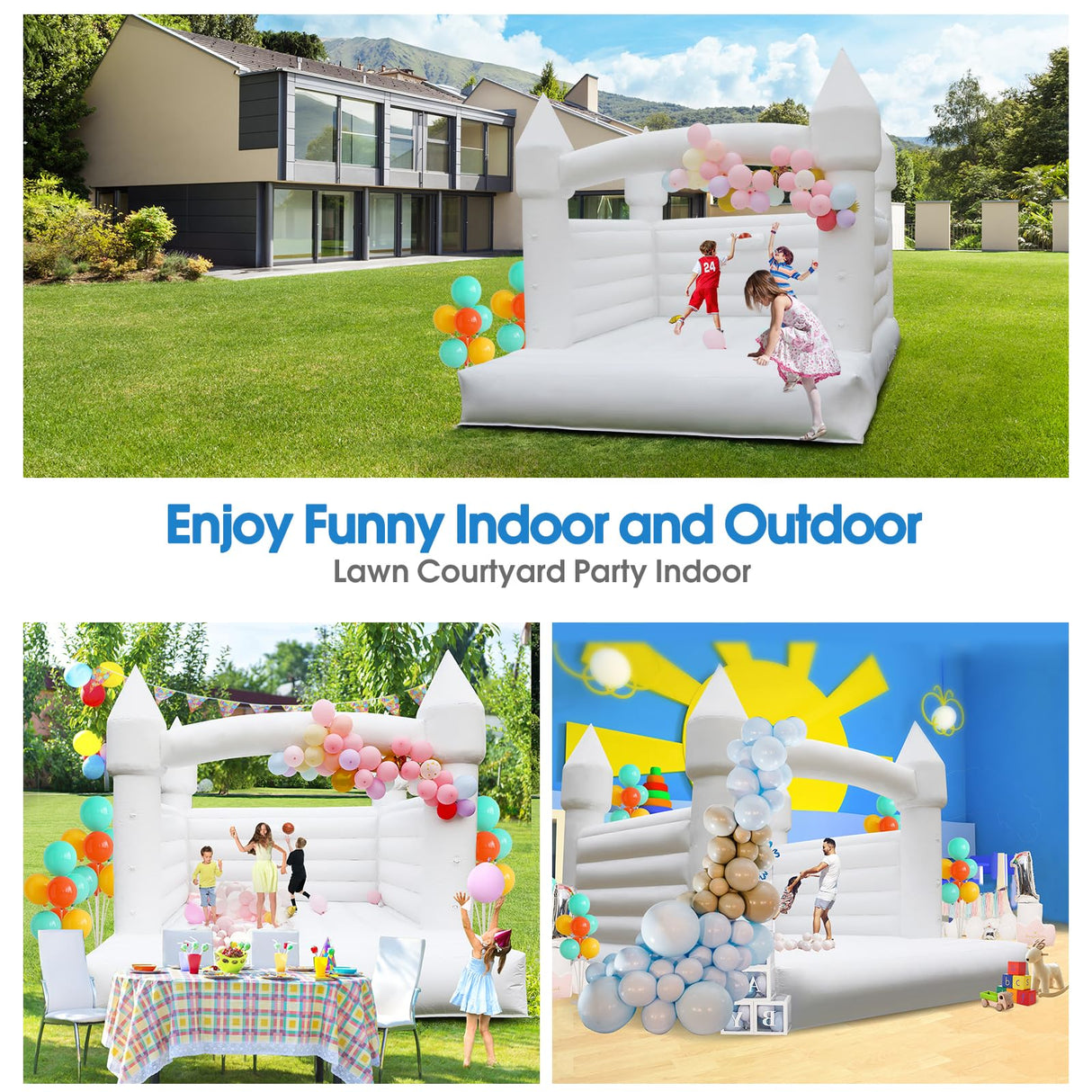 13FT *11FT*10FT White Bounce House Indoor & Outdoor, 2IN1 PVC Large Jumper Inflatable Bouncy House Castle with Blower Easy to Set up for Wedding, Birthday Party Gift with 2 Balls & Balloon Jinrrenyi