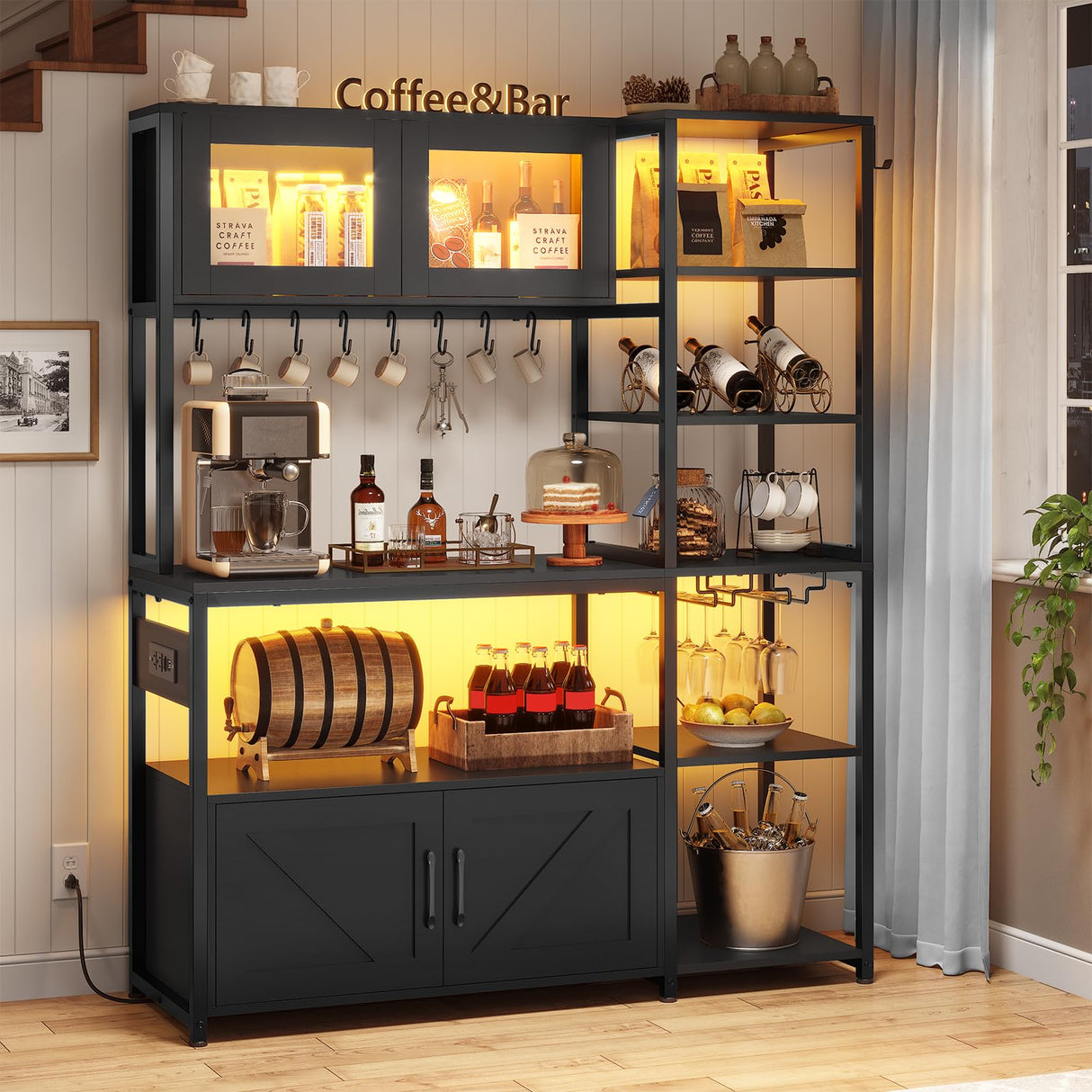 Itaar Bakers Rack with Power Outlet and LED Light, 45.3 Inch Farmhouse Coffee Bar Cabinet, Kitchen Microwave Stand with Storage, Glass Cabinet, Goblet Holder and 8 Hooks, Black Itaar