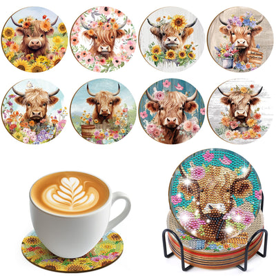 Sitsink Highland Cow Diamond Painting - 8 Pcs Highland Cow Lover Diamond Painting Coaster Kits for Adults, DIY Coasters Diamond Painting Kits Highland Cattle, Diamond Painting Coaster Kits with Holder