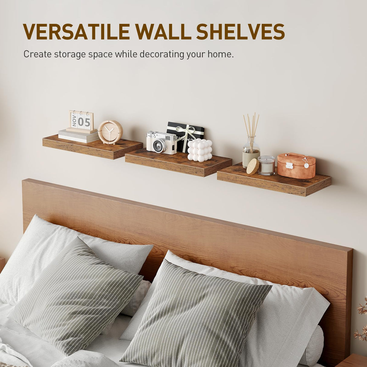 RALGEND Floating Shelves for Wall, 1.5" Thick Wall Shelf Set of 3 with Invisible Brackets, 15.7L x 7.9W Hanging Shelves Farmhouse Home Decor for Bathroom, Living Room, Bedroom, Kitchen, Rustic Brown RALGEND