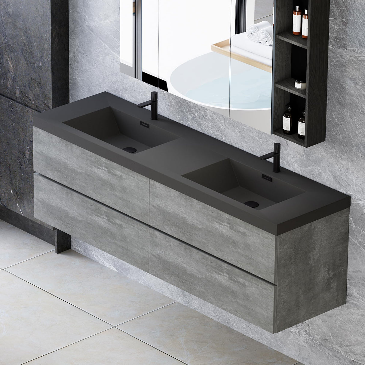 Floating Vanity Bathroom, 60 Inch Bathroom Vanity with Sink, Wall Mounted Double Sink Bathroom Vanity, Soft Closed 2 Drawers, Integrated Sink (Dark Birch) VUMALL