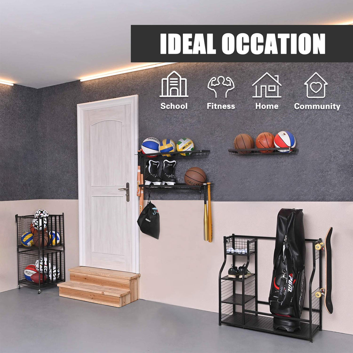 Mythinglogic Sports Equipment Storage Rack,Wall Mount Ball Storage Racks for garage, 3 Separate Ball Storage Organizer for Basketball, with Hooks Mythinglogic
