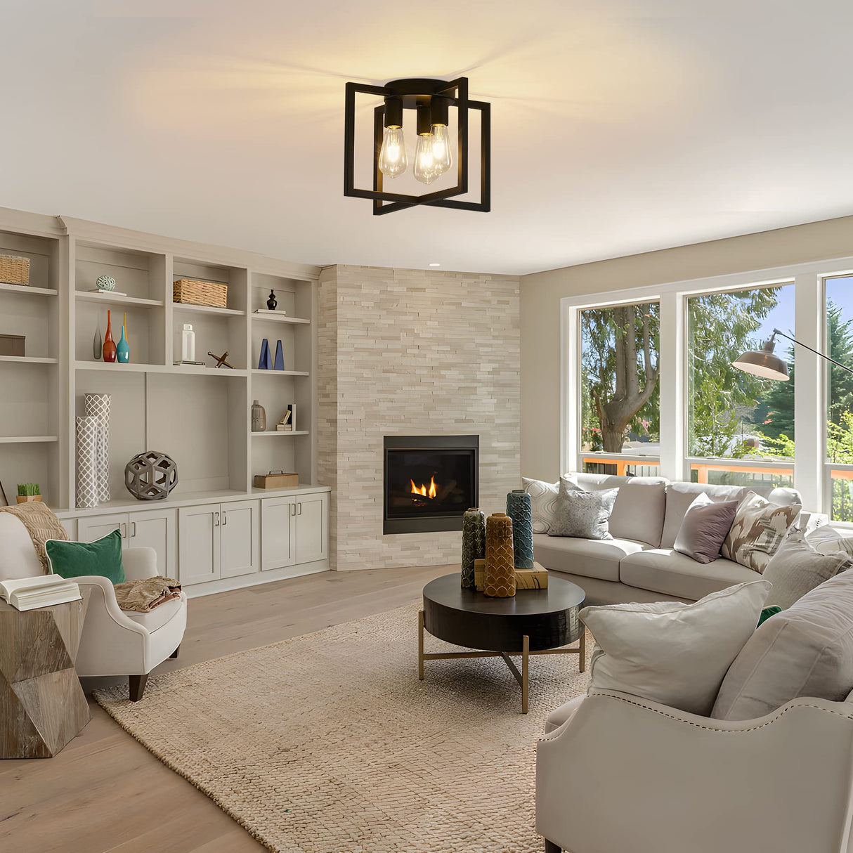 Bosomfr 3-Light Ceiling Light Fixture, Black Semi-Flush Mount Chandelier with Geometric Metal Shade, Farmhouse Industrial Lighting for Kitchen Living Room Bedroom Hallway Foyer, E26 Base Bosomfr