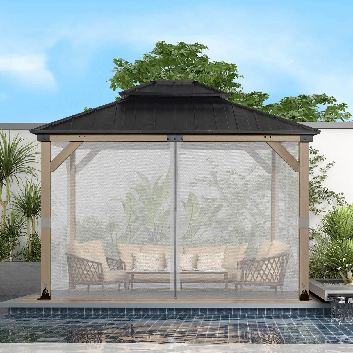 BPS 12' x 14' Gazebo Universal Mosquito Netting Screen Replacement, 4-Panel Screen Walls with Double Zippers for Outdoor Patio, Gray (Mosquito Net Only) BPS