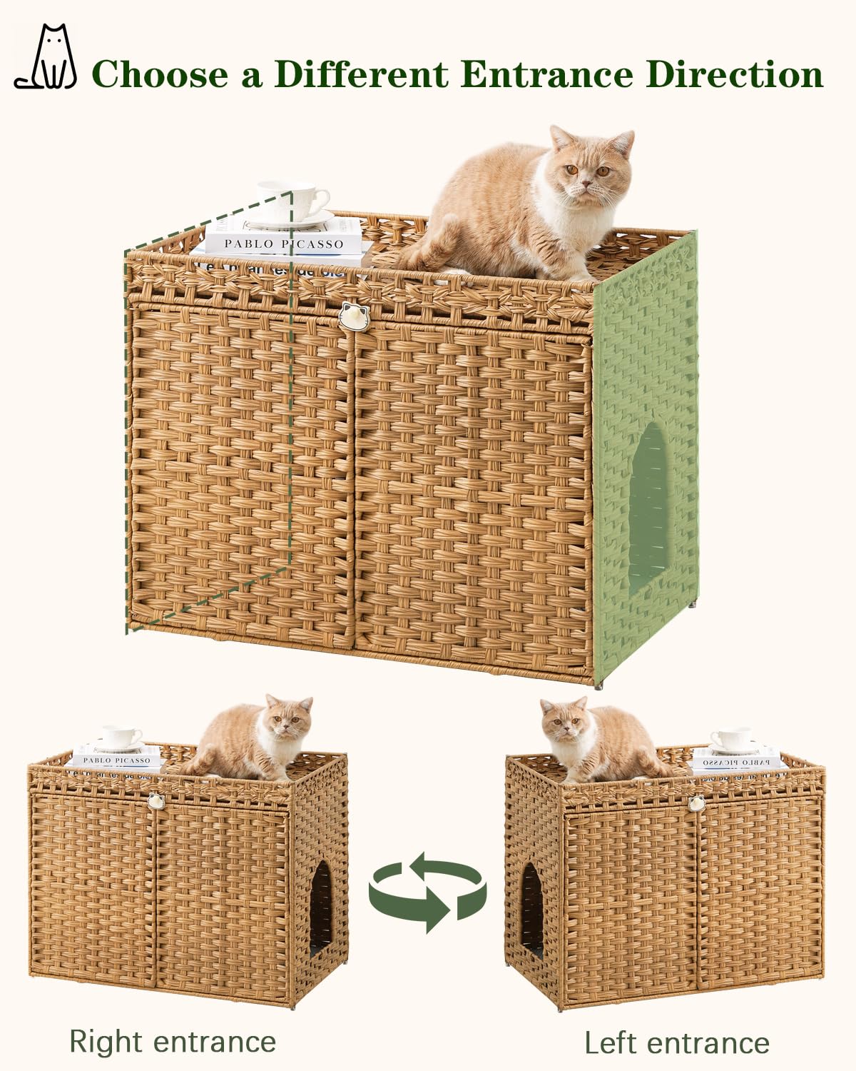 SETVSON Cat Litter Box Enclosure Furniture, Handwoven Rattan Hidden Litter Box with Mat, Large Space Cat House with 2 S-Shaped Hooks 30.3 x 18.3 x 24.4 Inches, Indoor for Living Room Apartment Natural SETVSON
