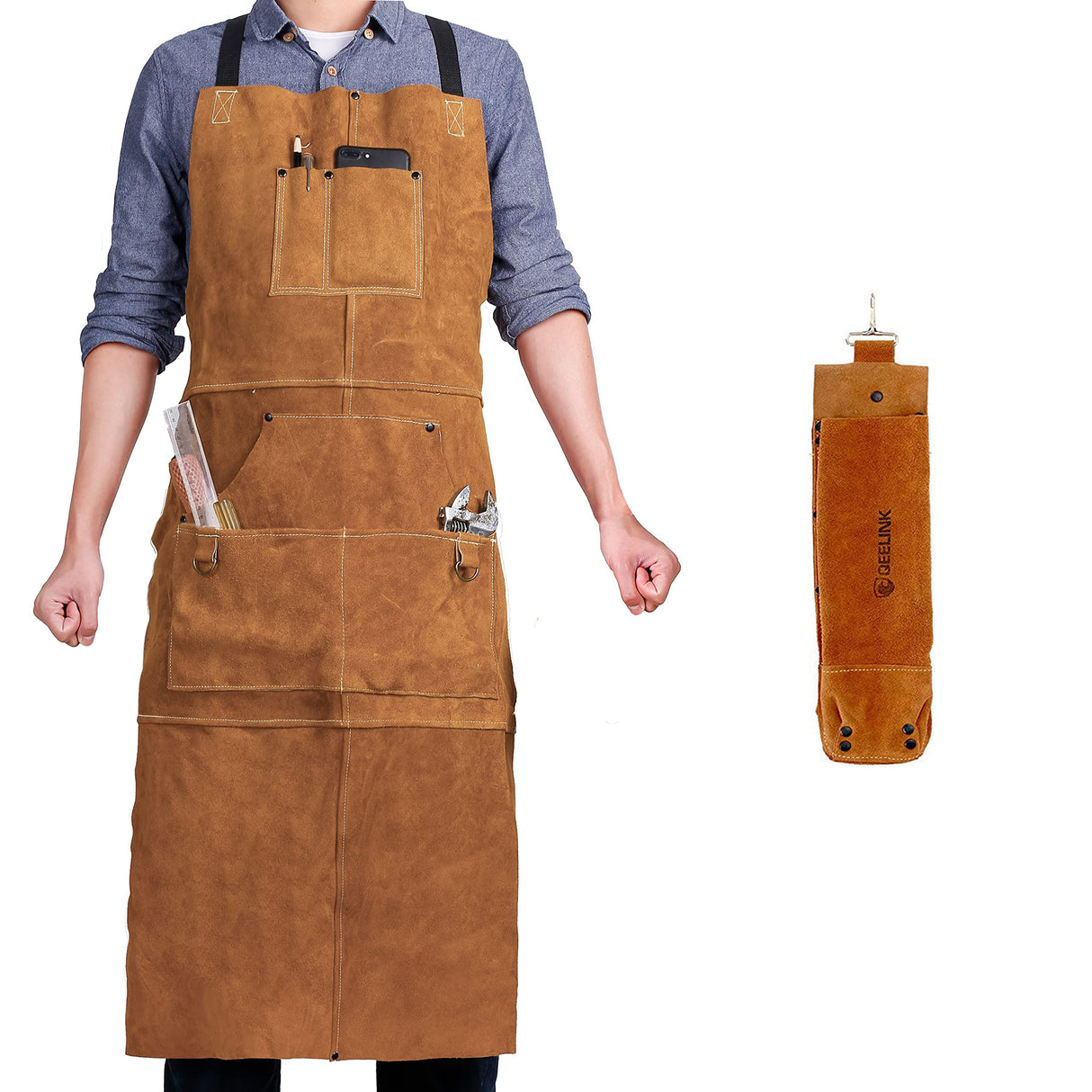 QeeLink Leather Work Shop Apron with 6 Tool Pockets Heat & Flame Resistant Heavy Duty Welding Apron, 24" x 36", Adjustable M to XXL for Men & Women (Brown - Deluxe Edition) QeeLink