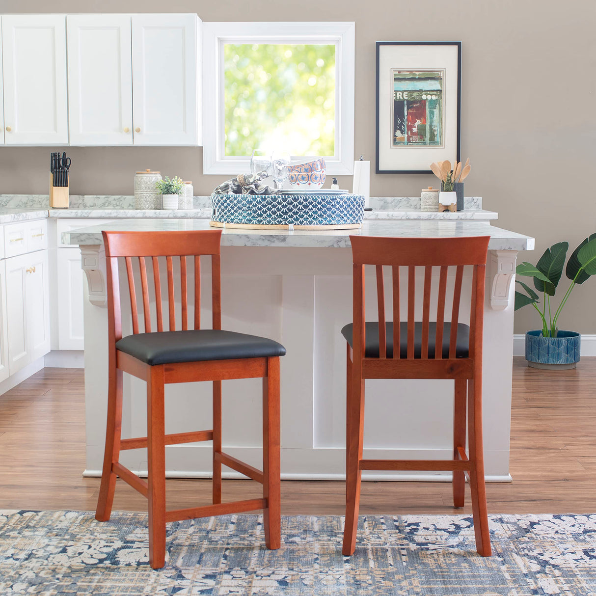 Linon Triena Red Cherry Wood Black Vinyl Padded Seat - 24 inch Linon