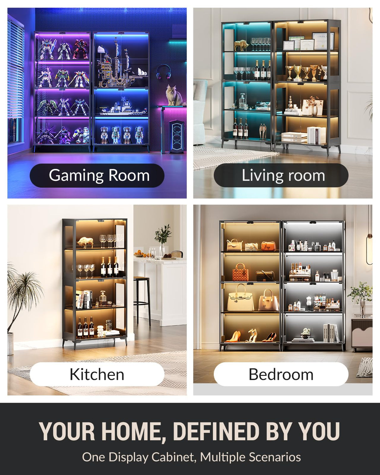 Glass Display Cabinet with Doors, 4-Tier Display Case with Adjustable Shelves, RGB LED Lights with App & Remote Control, Curio Storage Cabinet with Metal Base for Collectibles, Books, Black Zephome