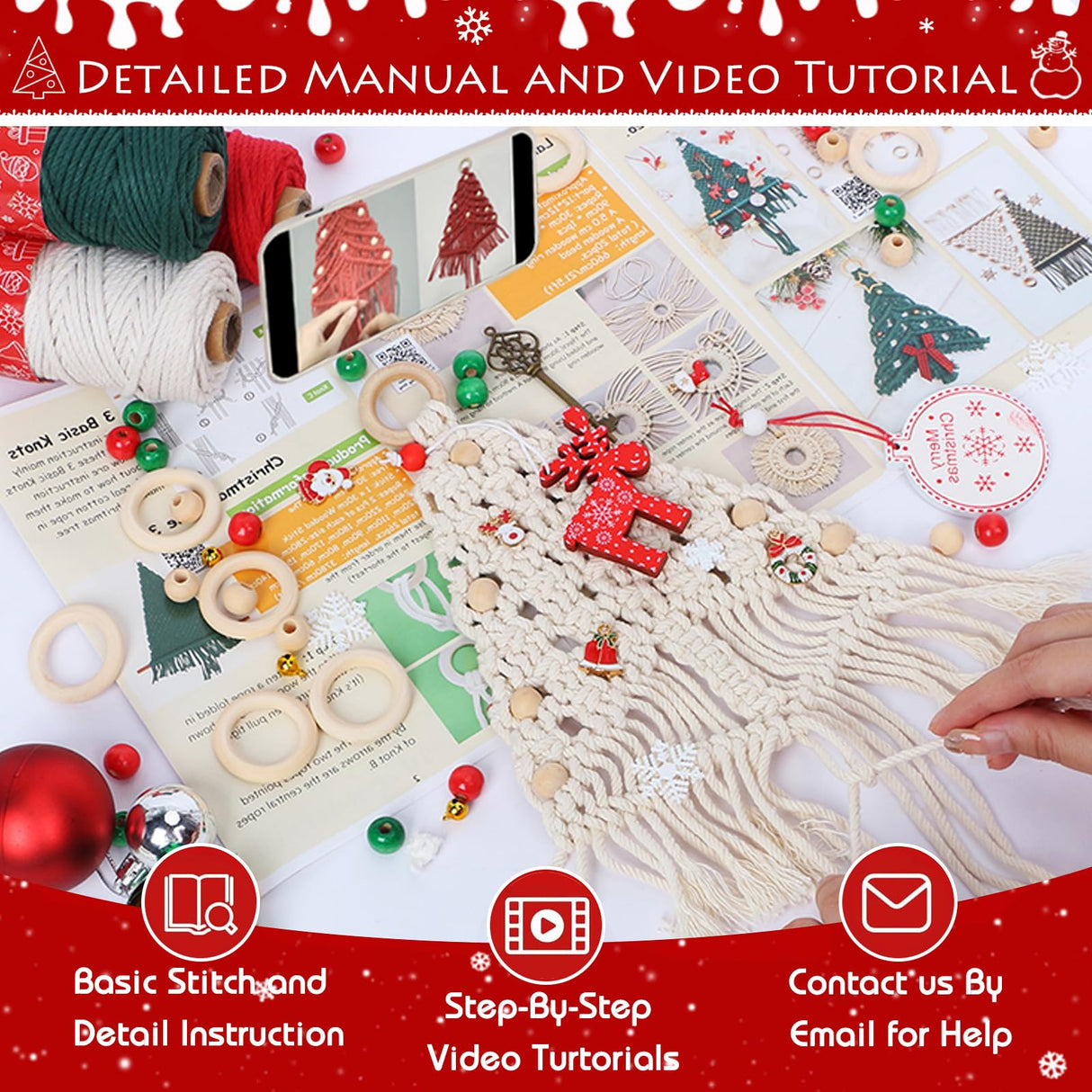 UHAPEER 137PCS Macrame Kits for Adults Beginners DIY Macrame Christmas Tree and Boho Macrame Supplies with 3 mm Macrame Cord Cotton Beads Xmas Ornaments Christmas Decorations Gifts Wall Hanging UHAPEER