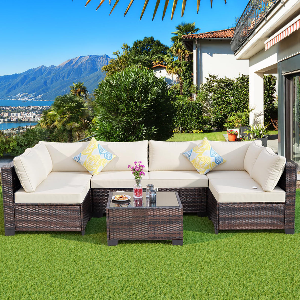 FHFO 7 Piece Outdoor Wicker Patio Furniture Set, Rattan Sectional Sofa Couch, Patio Conversation Set with Cushion & Coffee Table, for Backyard Poolside Porch Garden, Brown-Beige FHFO