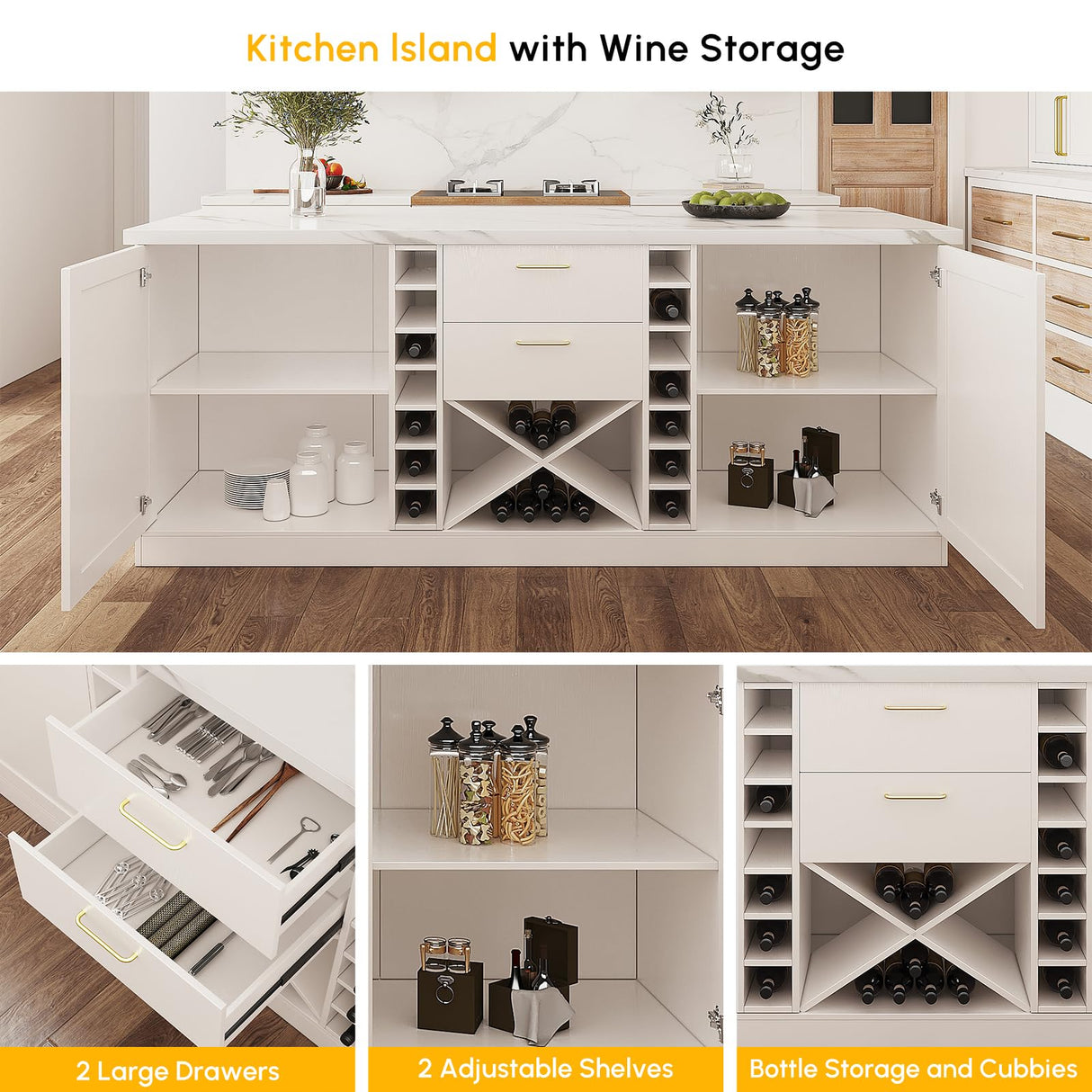 homary 72'' Kitchen Island with Seating Island Table with Wine Storage & 2 Drawers Marble Dining Table for 4 People homary