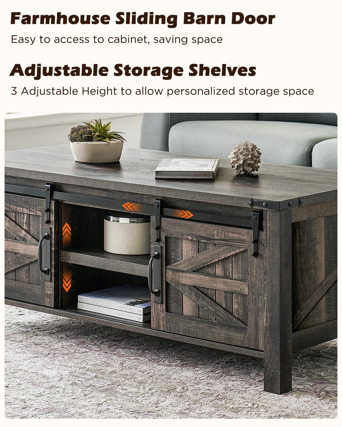 OKD 48" Farmhouse Lift Top Coffee Table with Sliding Barn Door,Rustic Center Table with Hidden Storage Compartment,Lifting Tabletop and Adjustable Shelf for Living Room,Office,Dark Rustic Oak OKD