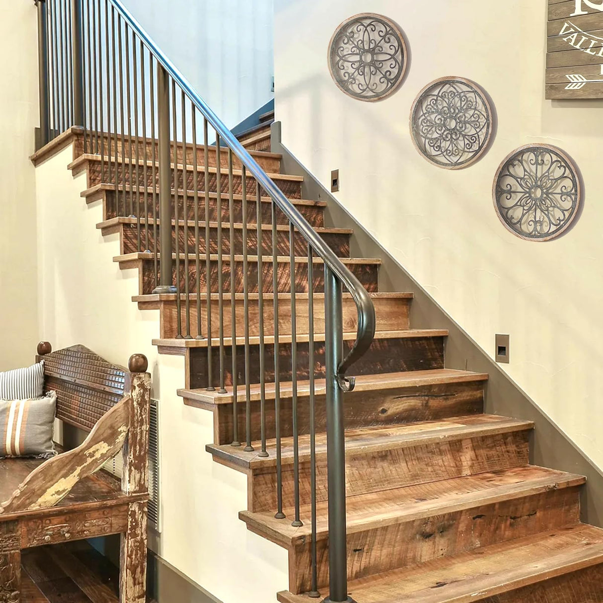 Walasis Wall Decor Rustic Farmhouse Wood - Distressed Metal Wall Art for Living Room 11.8in Flower Boho Wall Decorations Outdoor Medallion Hanging Decor for Bedroom Office Bathroom Kitchen Walasis