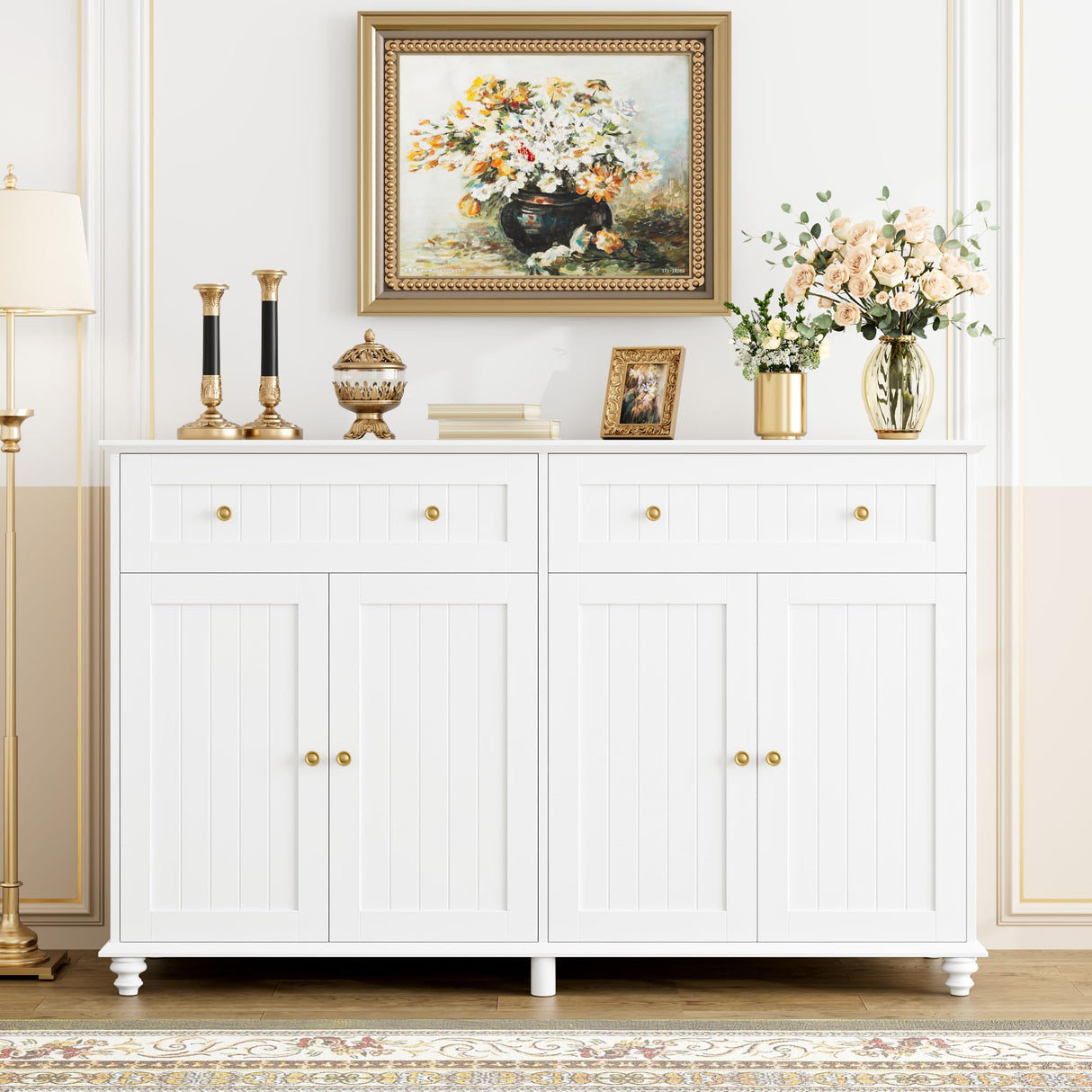 finetones Buffet Cabinet with Storage, 55.1” Large Sideboard Buffet Cabinet, White Kitchen Cabinet Display Cabinet with 2 Drawers and 4 Doors, Wood Coffee Bar Cabinet for Kitchen Dining Room finetones