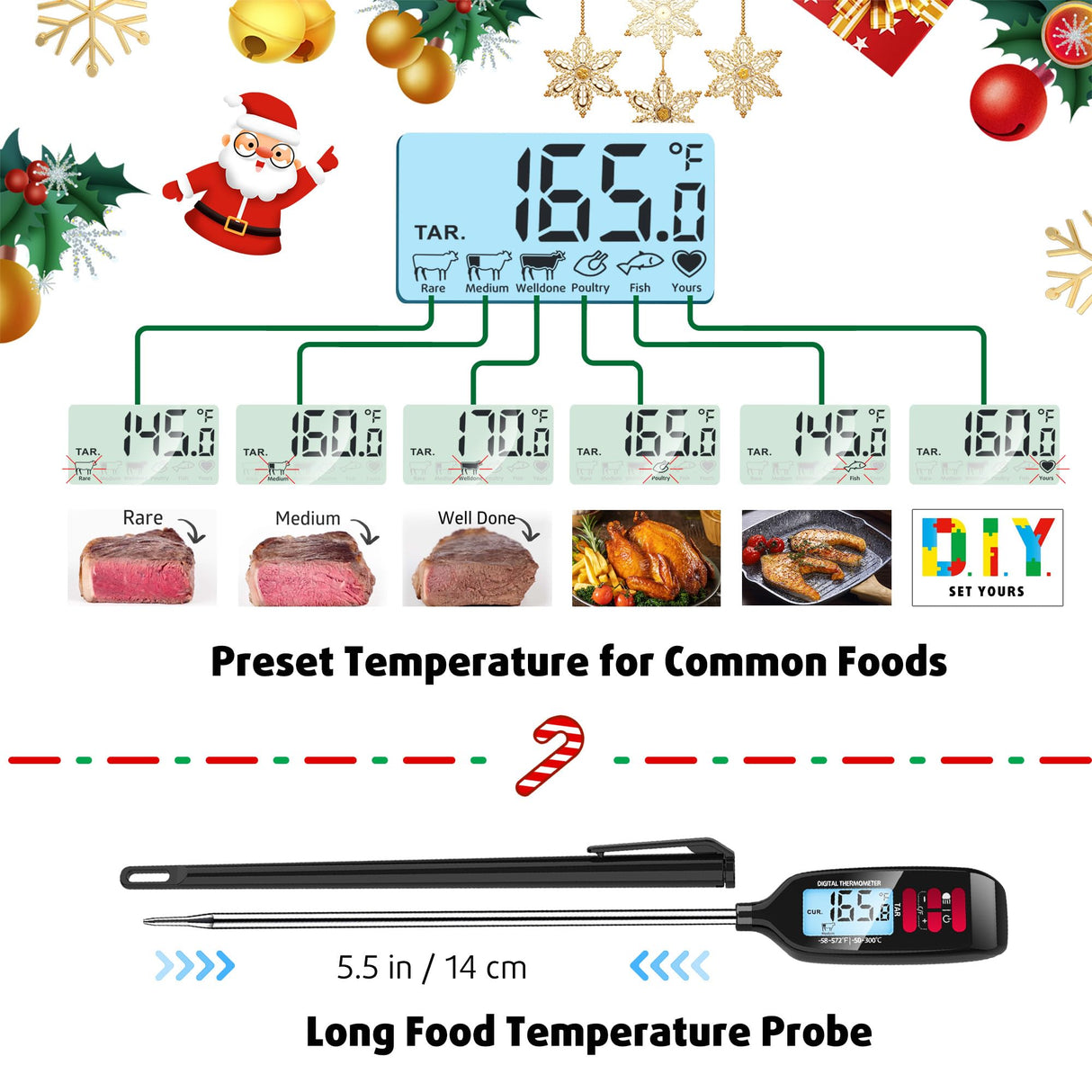 Antonki Digital Meat Thermometer with Backlight, Long Food Temperature Probe Instant Read Food Thermometer for Cooking and Baking, Kitchen, Candy, Grill, BBQ, Oil - Battery Included Antonki