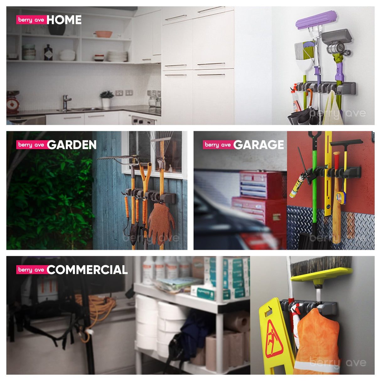 Berry Ave Broom Holder & Wall Mount Garden Tool Organizer - Home Laundry Room, Kitchen, Closet, Shed, Garage Organization and Storage Utility Rack - 5 Slots & 6 Hooks -Rake, Shovel, Mop Hanger (Black) Berry Ave