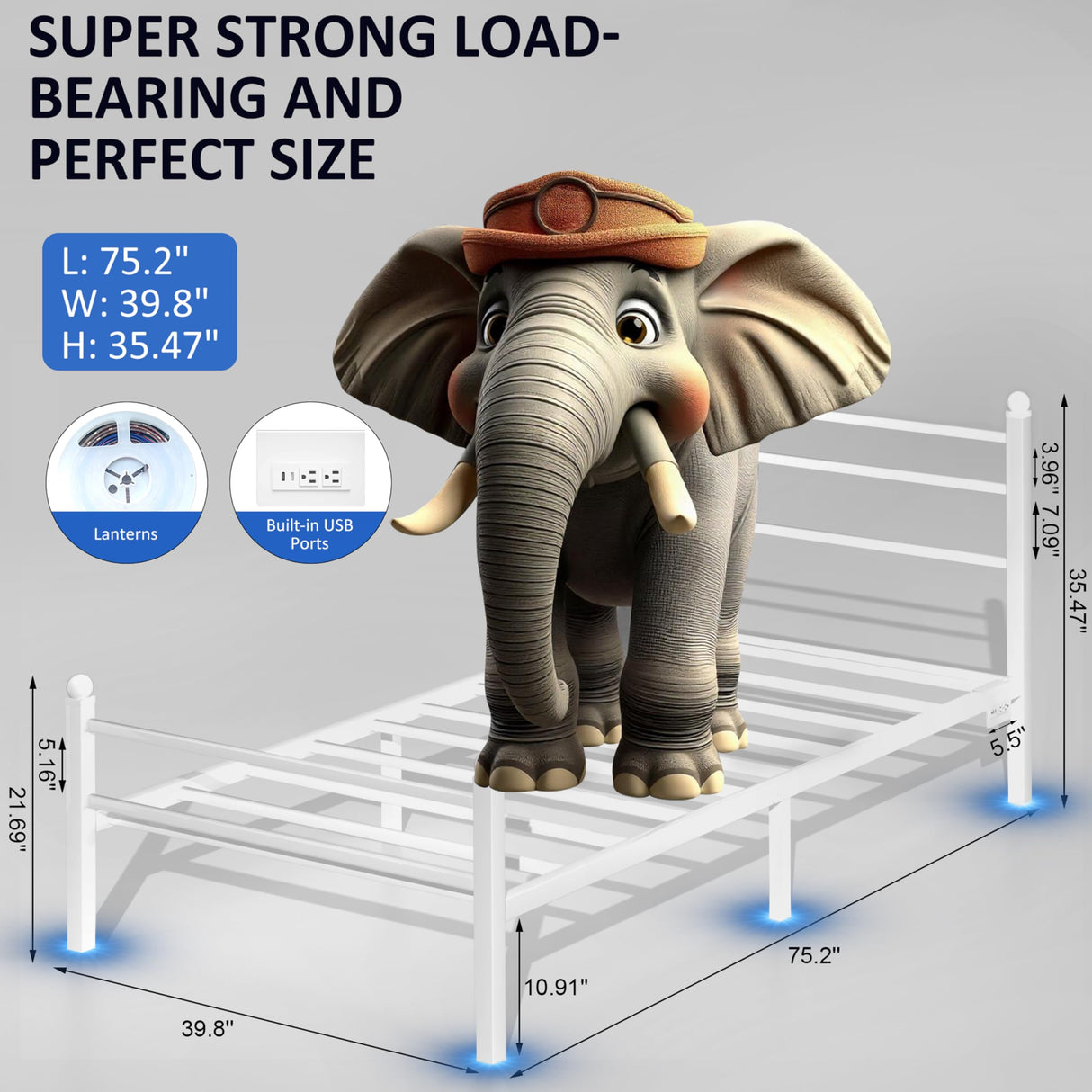 J.Fkne Twin Bed Frame with LED Lights & Charging Station, Metal Platform Bed with Headboard, Heavy Duty Metal Slats, No Box Spring Needed, Noise Free, Easy Assembly, White J.Fkne