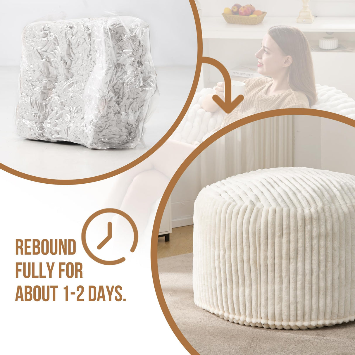 Hobestluk 3ft Bean Bag Chairs for Adults Large Beanbag Chair with Stripe Plush Cover Big Bean Bag Chair for Living Room Bedroom Dorm Office - White (36” x 36” x 22”) Hobestluk