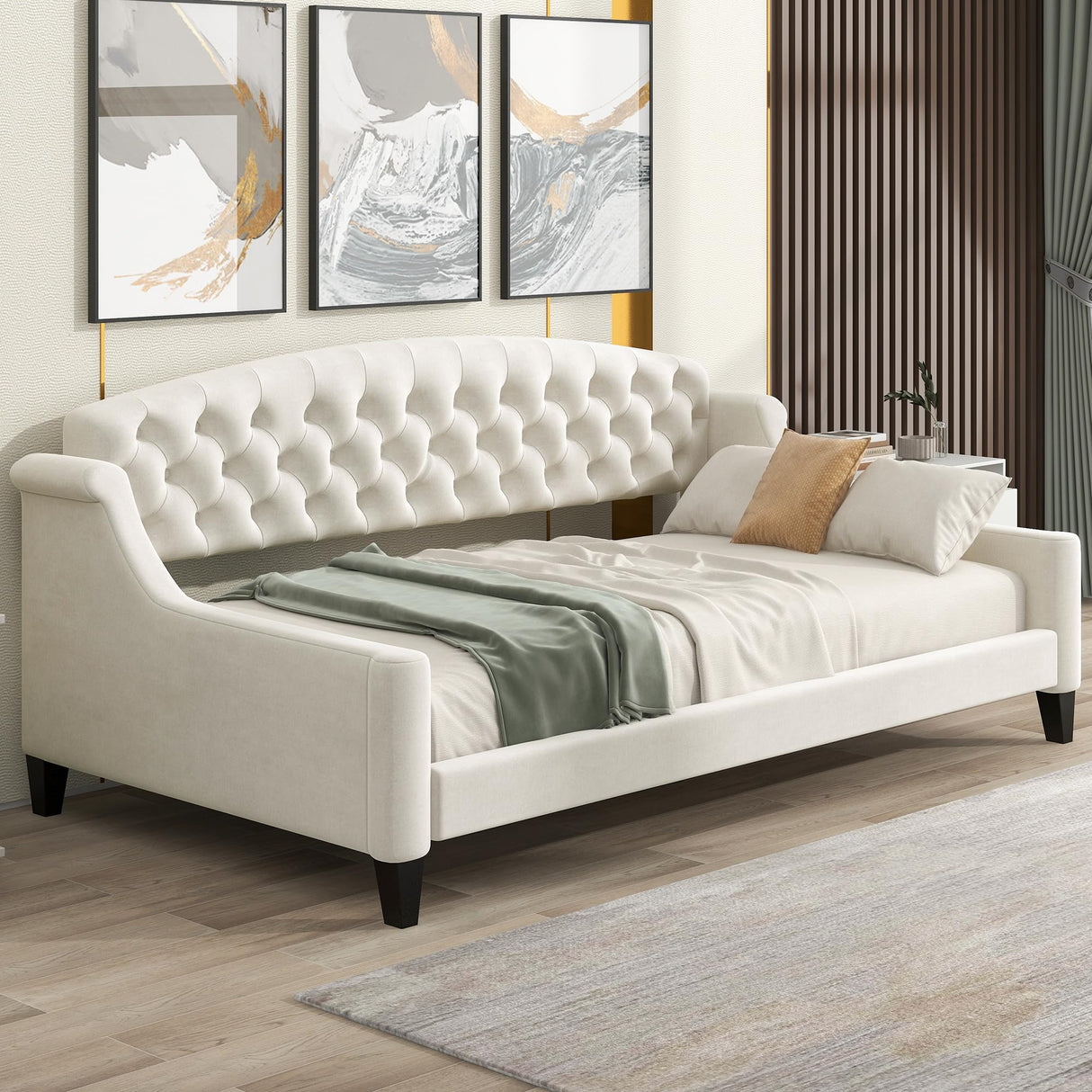 Merax Twin Size Modern Luxury Tufted Button Daybed, Upholstered Twin Daybed Frame, Sofa Bed for Bedroom, Living Room, Twin, Beige Merax
