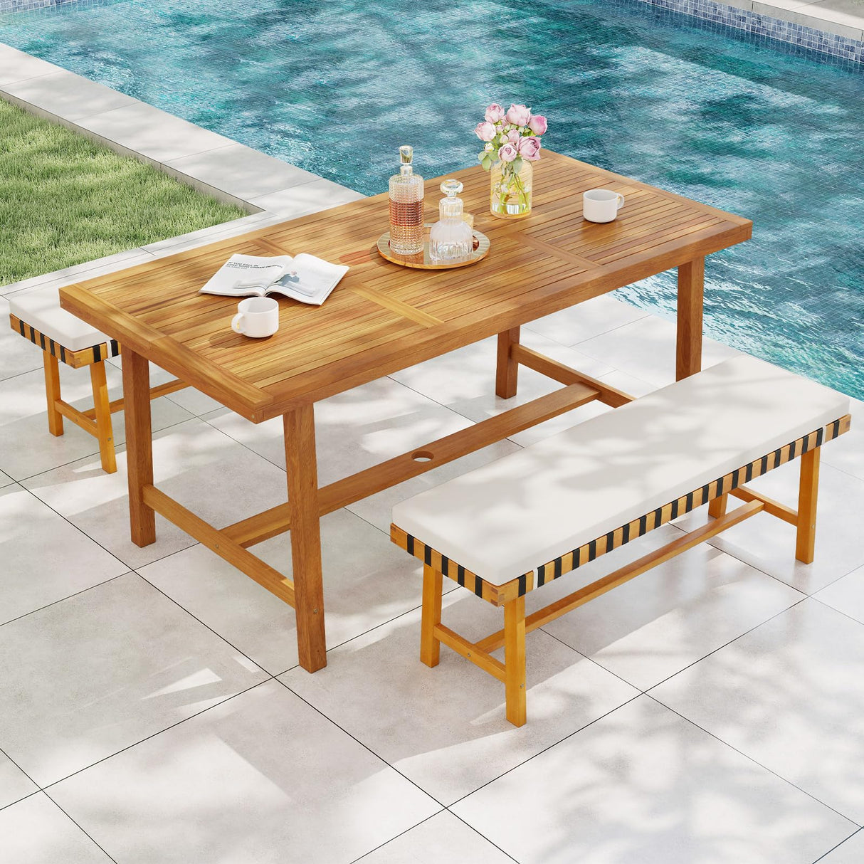 Tangkula 3 Piece Patio Dining Set for 4 People, 63” Outdoor Acacia Wood Rectangular Table with 1.97” Umbrealla Hole & 2 Cushioned Bench, for Deck Yard and Poolside Tangkula