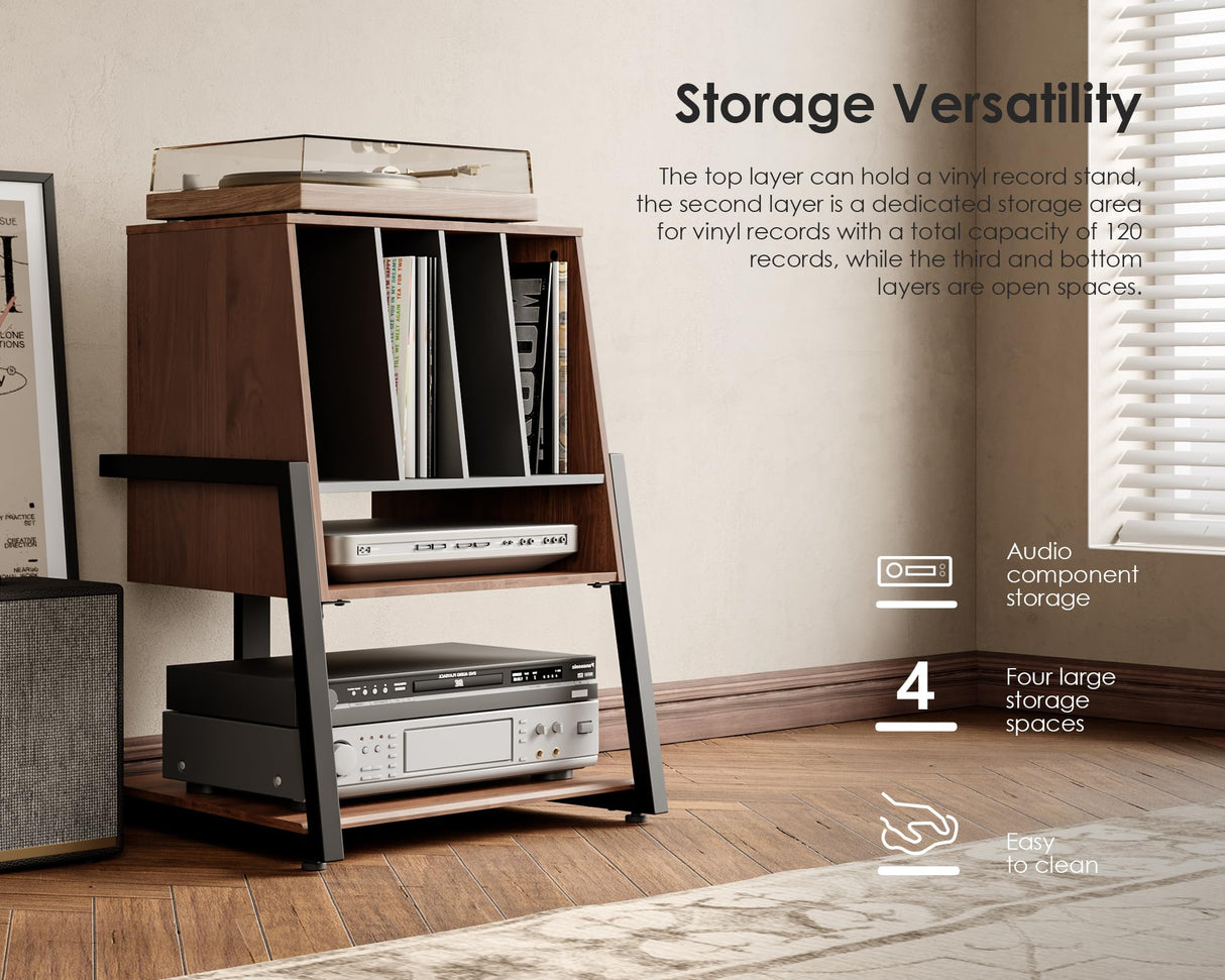 FITUEYES Design Record Player Stand with Vinyl Record Storage, Turntable Stand With Station up to 120 pcs, Small Entertainment Center for Living Room, Eiffel Series FITUEYES