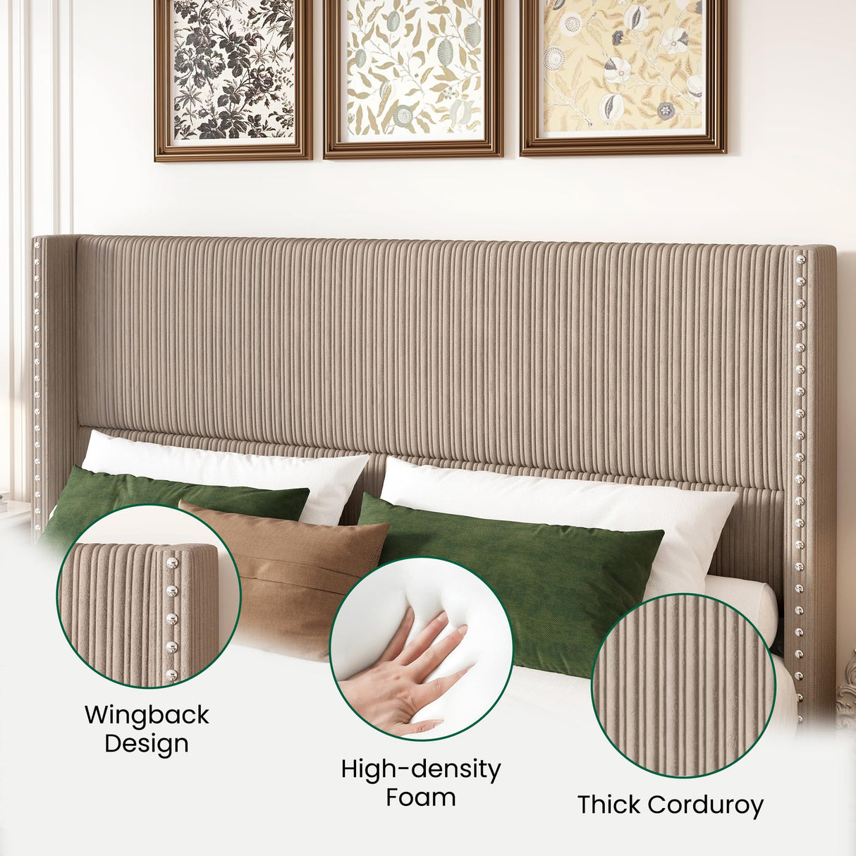 LARMACE King Size Bed Frame with 4 Storage Drawers,Corduroy Upholstered King Size Platform Bed Frame with Tufted Vertical Stripe,Solid Wood Leg/No Box Spring Needed/Noise Free,Brown LARMACE