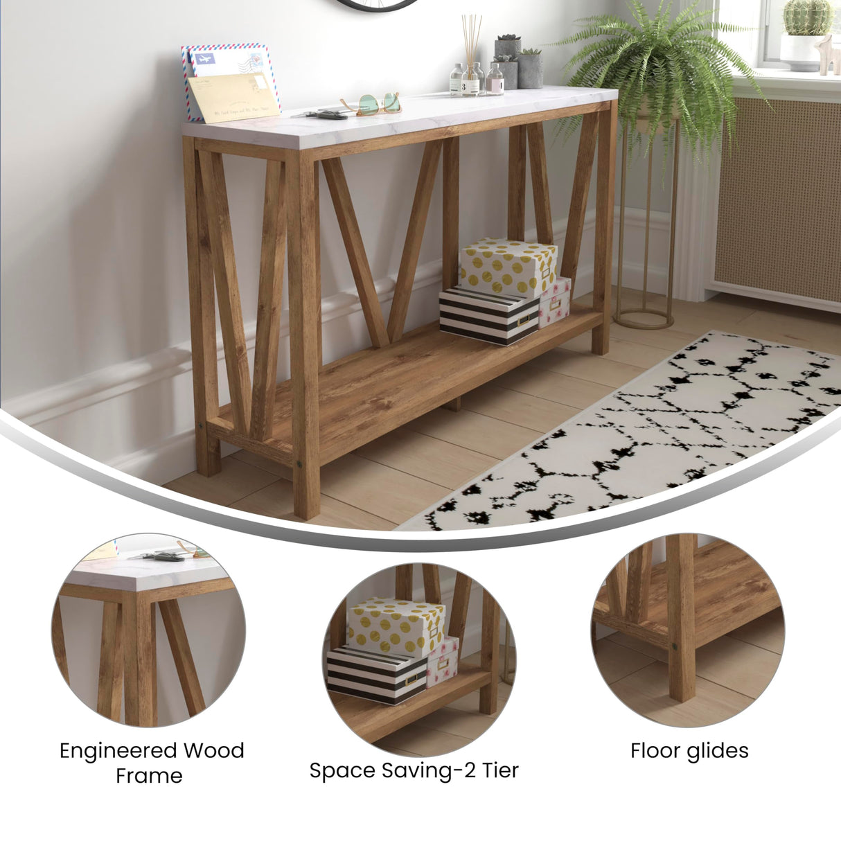 EMMA + OLIVER Owen Sofa Table - Modern Farmhouse Design - Engineered Wood Construction in Warm Oak - Faux Marble Top - Protective Floor Glides EMMA + OLIVER