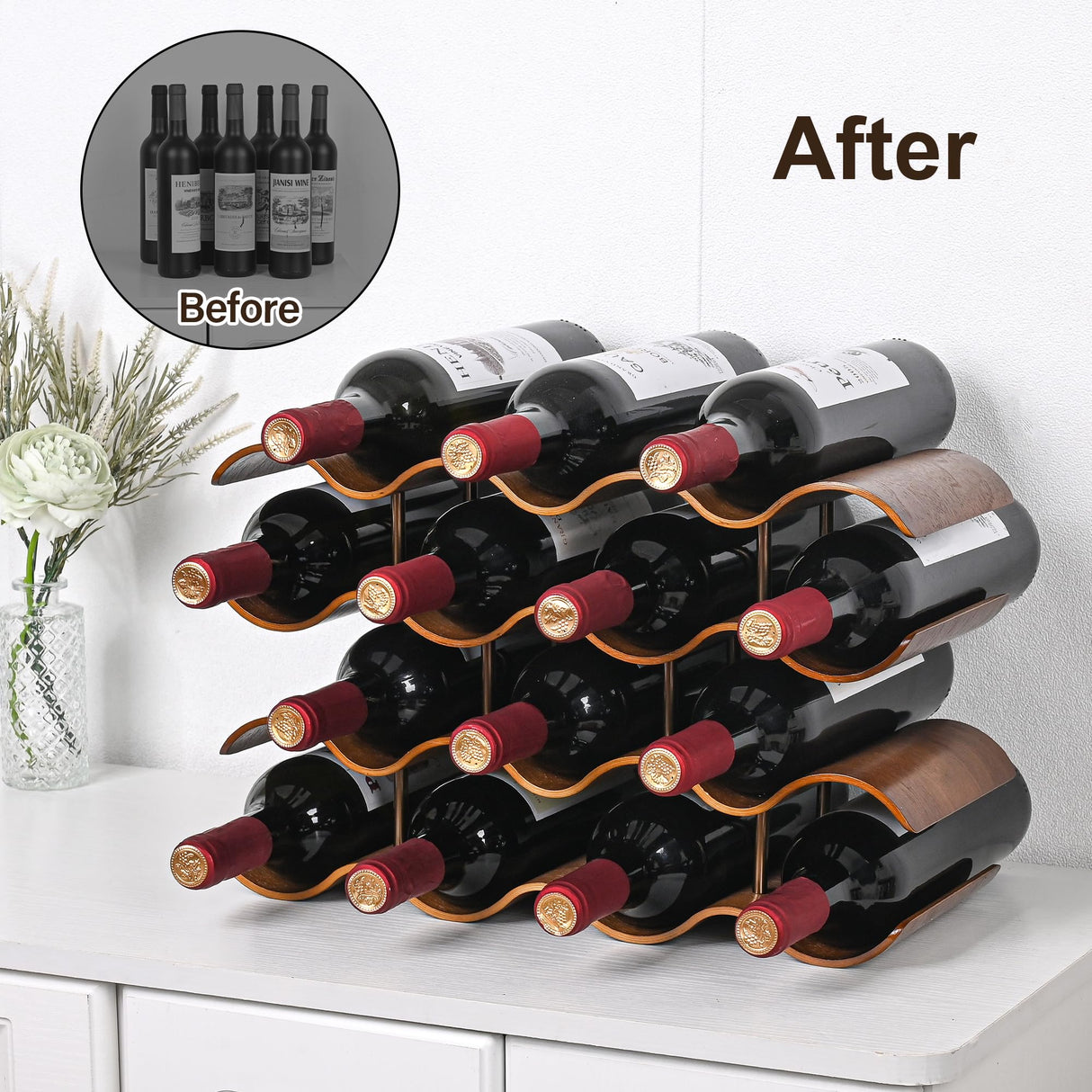 TRUDING Countertop Wine Rack - 14 Bottle Freestanding Wine Bottle Holder Stand - 4 Tier Wooden Wine Storage Rack - Wavy Wine Organizer for Cabinet Pantry Home Kitchen Bar (Walnut) TRUDING