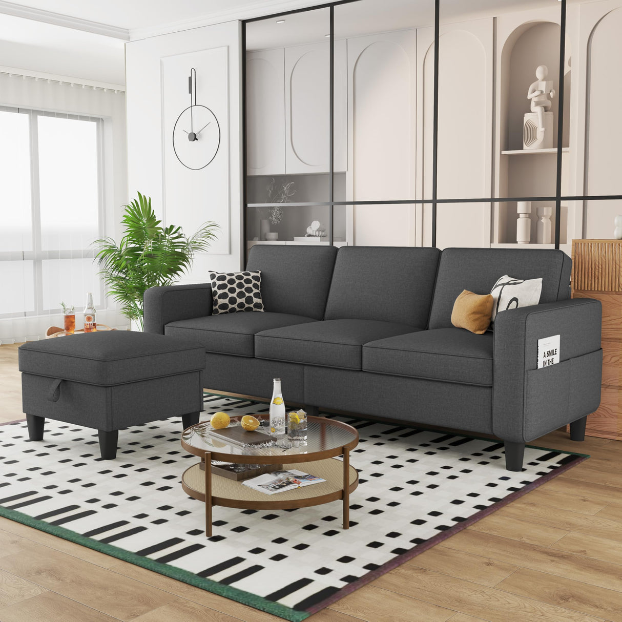 ZeeFu Convertible Sectional Sofa Couch: Dark Gray 3Seat L-Shaped Sectional Sofa Couches with Storage Ottoman - Modern Linen Fabric Small Sofa Furniture Set for Living Room Office Small Space Apartment ZeeFu