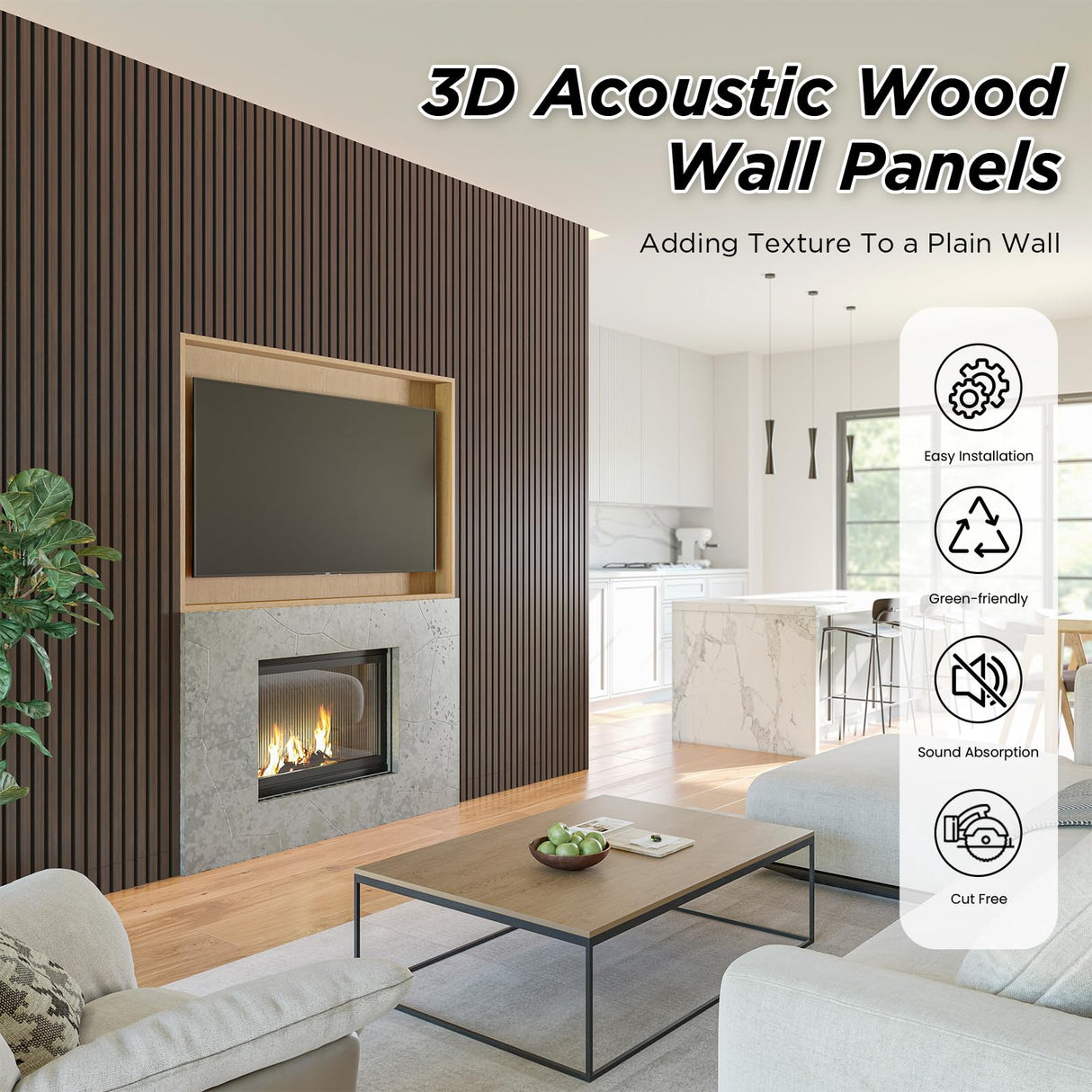 Smartstandard 4 Pack 106" x 12.6" Wood Slat Wall Panels, Soundproof Wooden Wall Panels, Acoustic Wood Panels for Wall, 3D Fluted Wood Panels for Interior Wall Decor, Dark Walnut SMARTSTANDARD