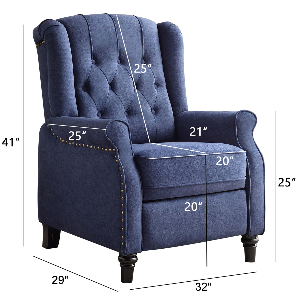 Wingback Pushback Recliner Chair, High Back Upholstered Armchair with Solid Wood Legs, Rivet Decoration, Blue Bonzy Home