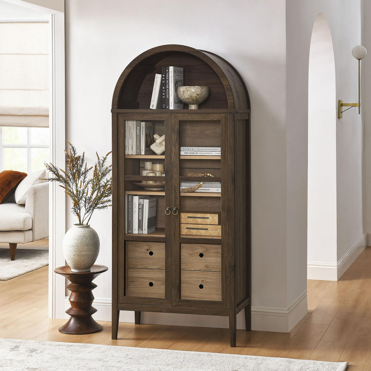Modway Nolan Modern Farmhouse 71 Inch Tall Arched Storage Display Cabinet in Walnut Hickory Wood Grain - 4-Tier Bookcase with Glass Doors and Shelves - Arch Accent Cabinet for Living Room Modway